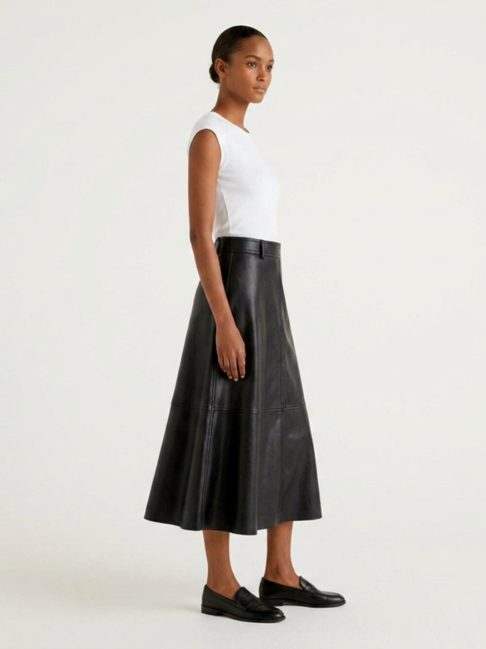 Nicole Miller Black Faux Leather Vegan Leather A Line Midi Skirt 10 NWT